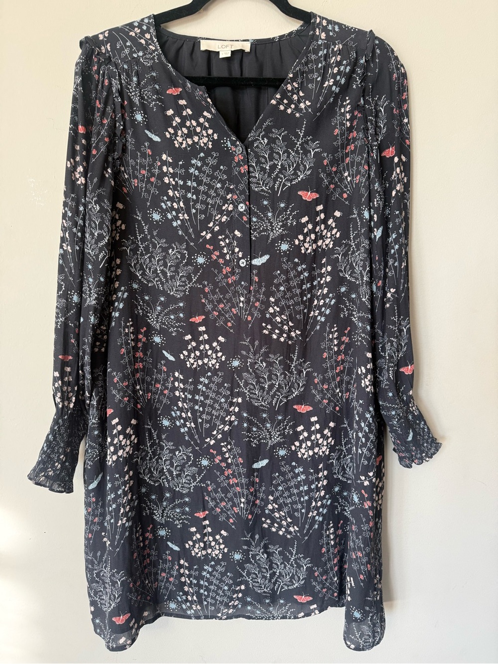 LOFT Soft Black Long-Sleeve Floral Shift Shirt Dress Small EUC